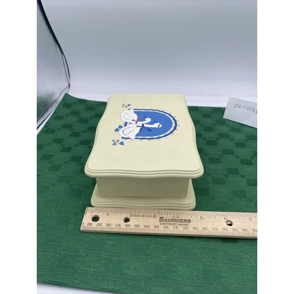 Yellow Wooden Jewelry Box W/Love Ducks On Top/Mirror & 3 Sections 7”x 5”x2.5